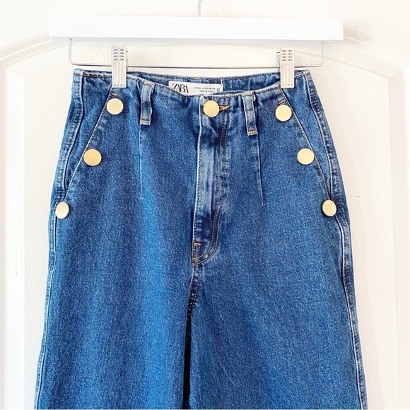 ZARA Cropped Wide Leg Flare Jeans With Gold Buttons 70’s - Picture 7 of 9